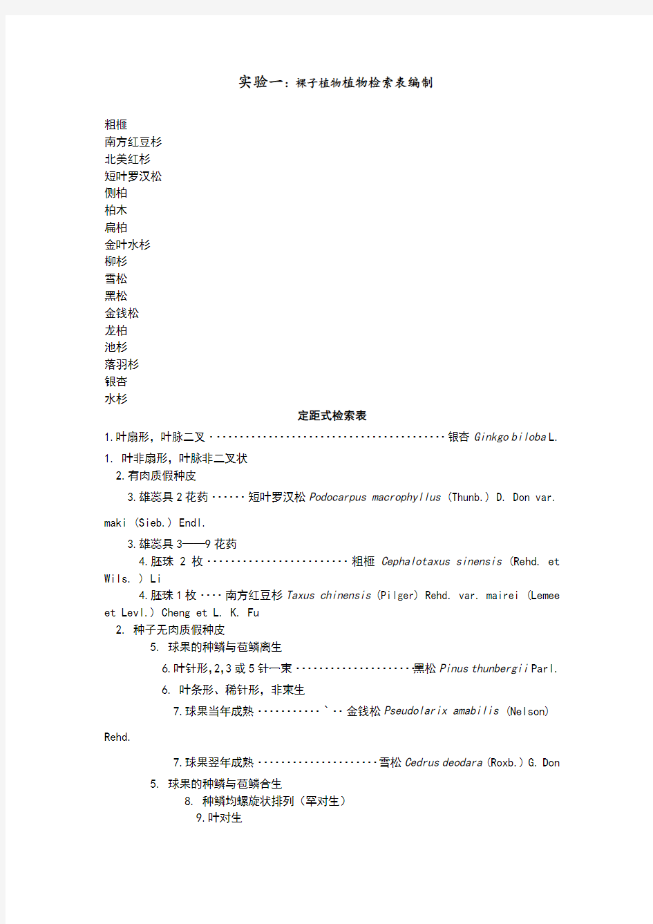 裸子植物植物检索表编制