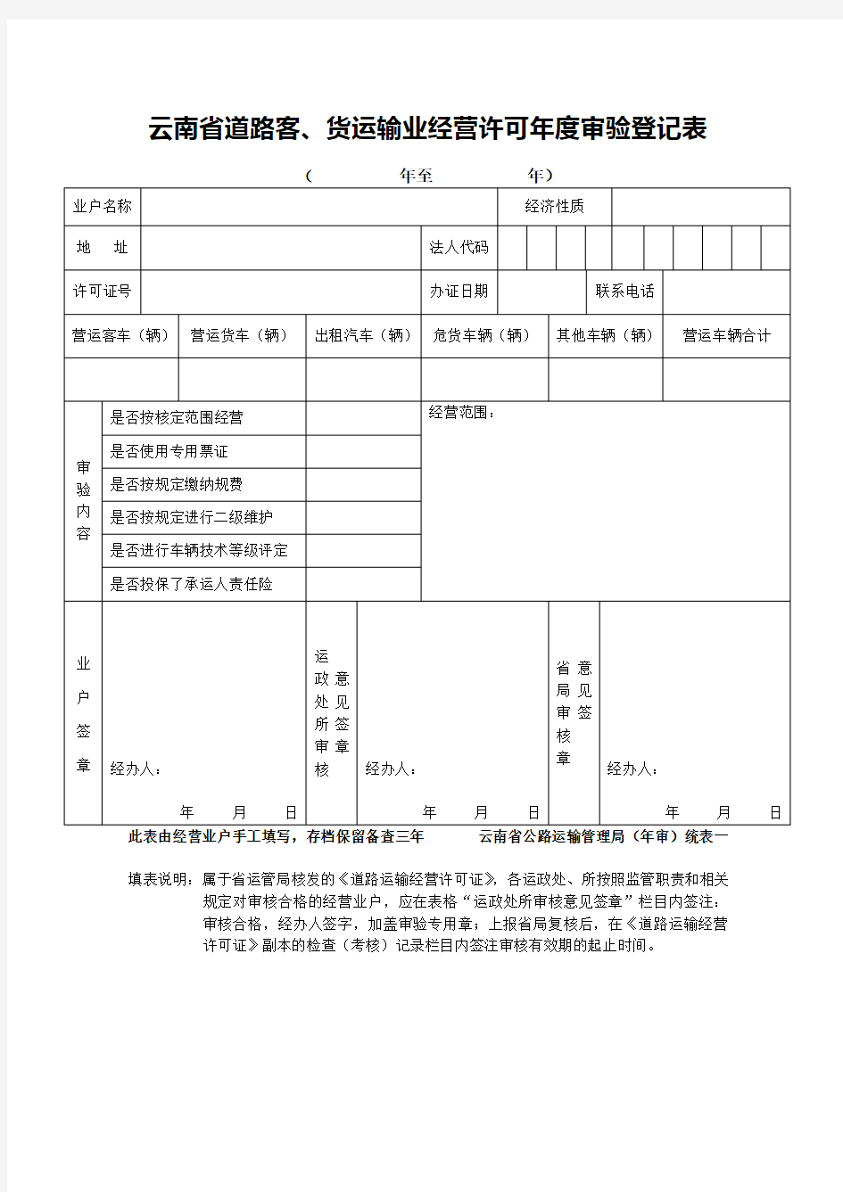 道路客货运输业经营许可证年度审验表