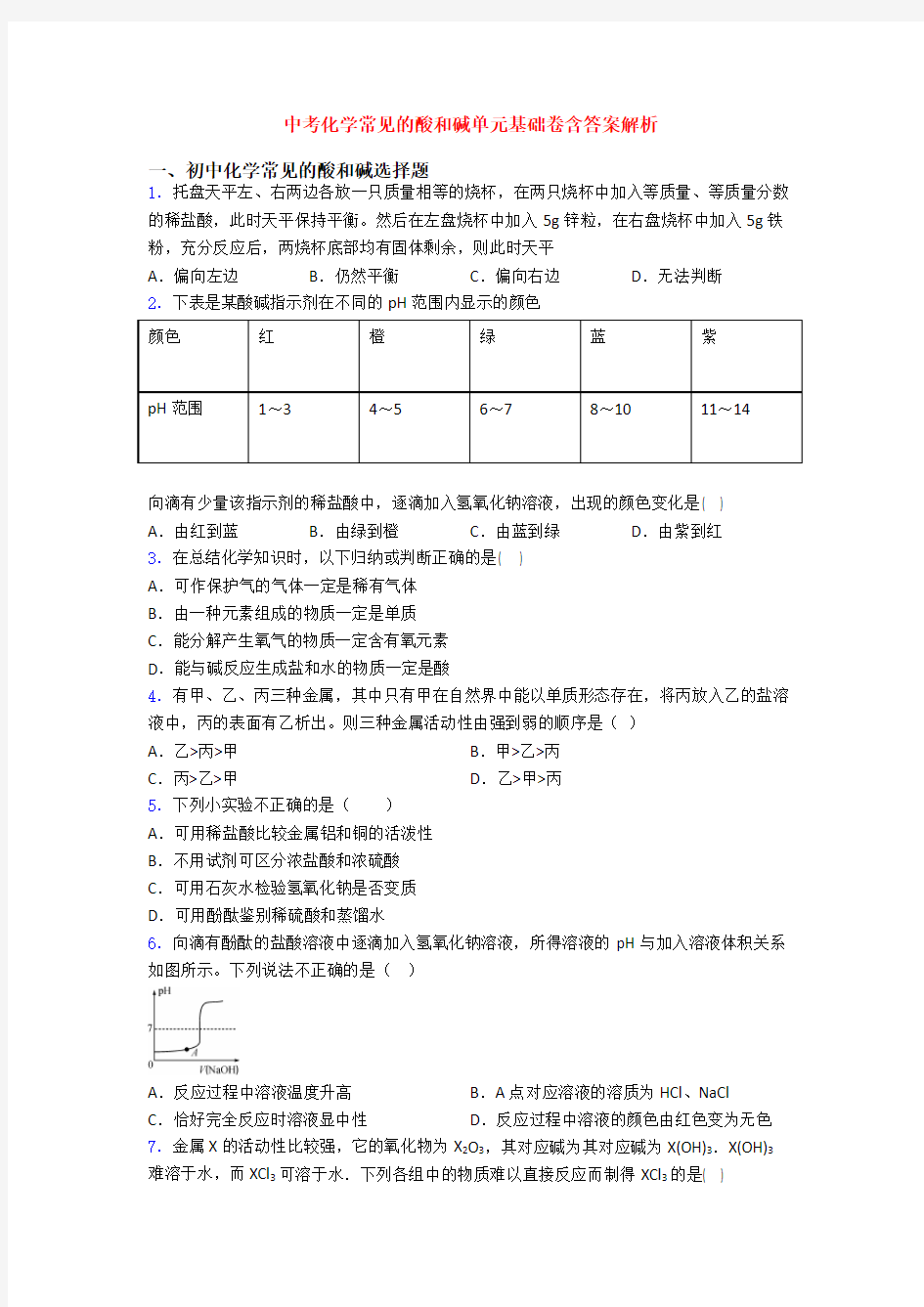 中考化学常见的酸和碱单元基础卷含答案解析