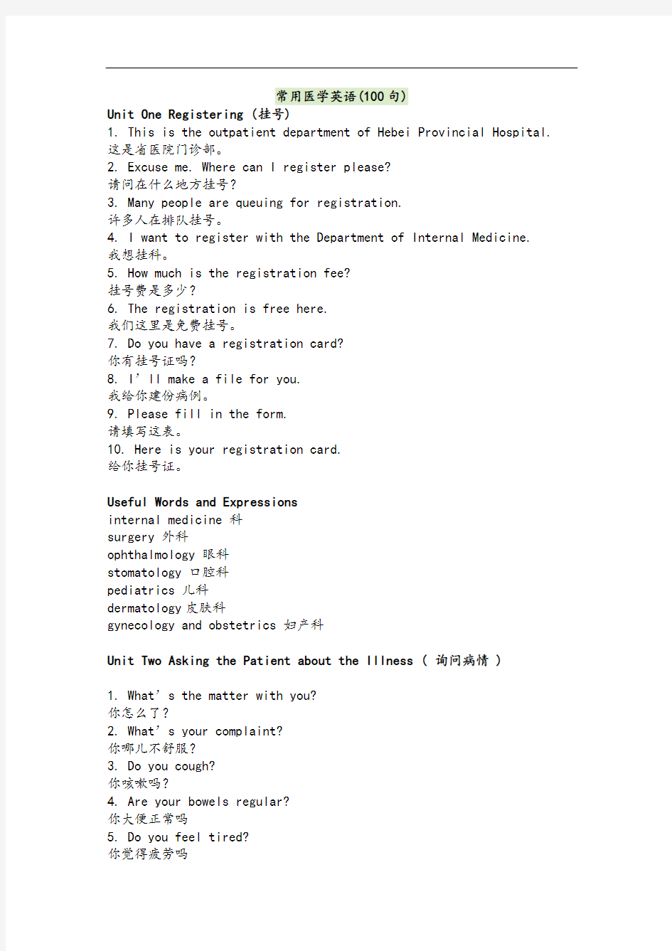 常用医学英语100句