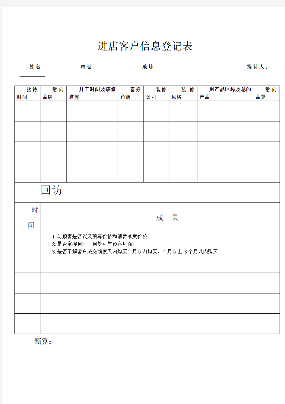 客户进店信息登记表