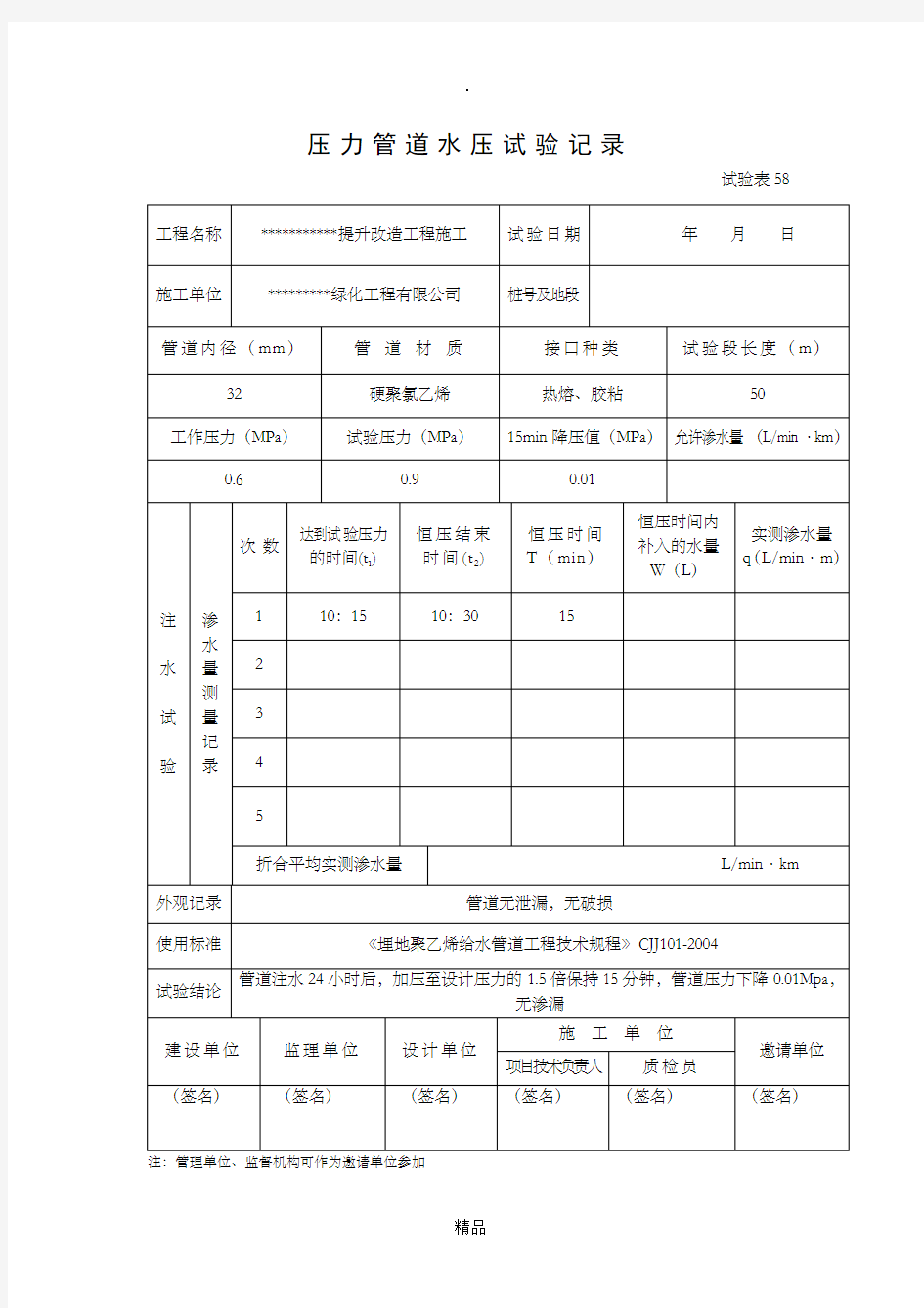 压力管道水压试验记录