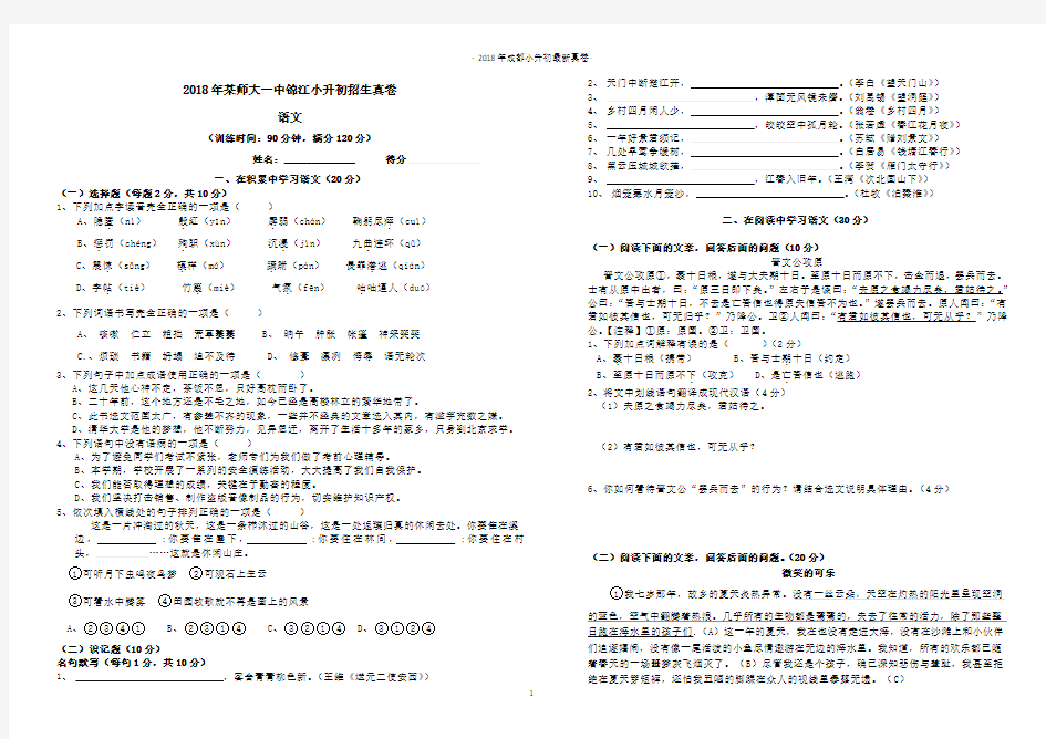 2018年某师大一中小升初语文招生真卷