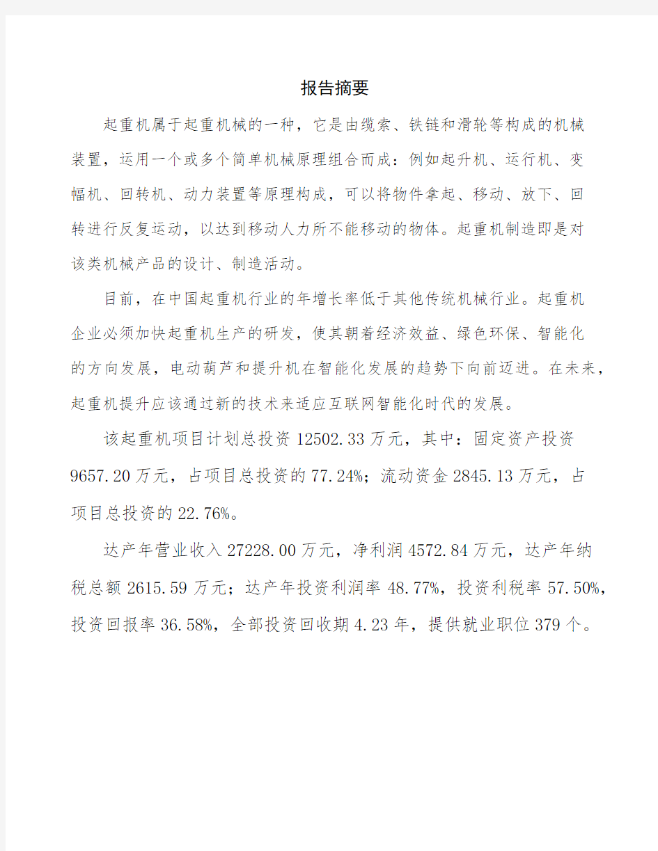 杭州起重机生产建设项目商业计划书