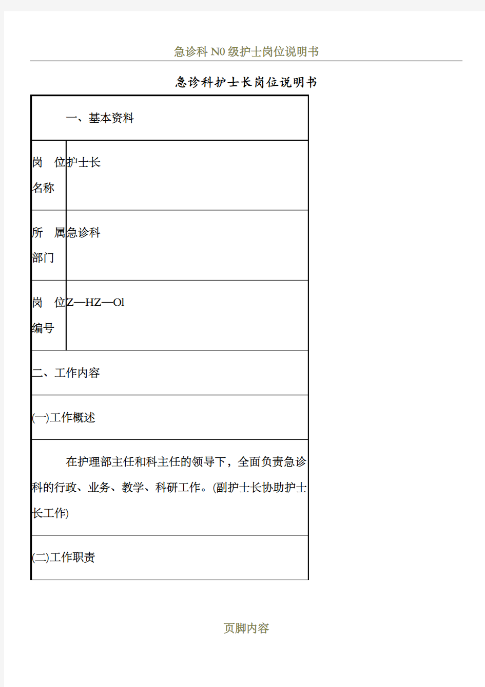 急诊科护士长岗位说明书