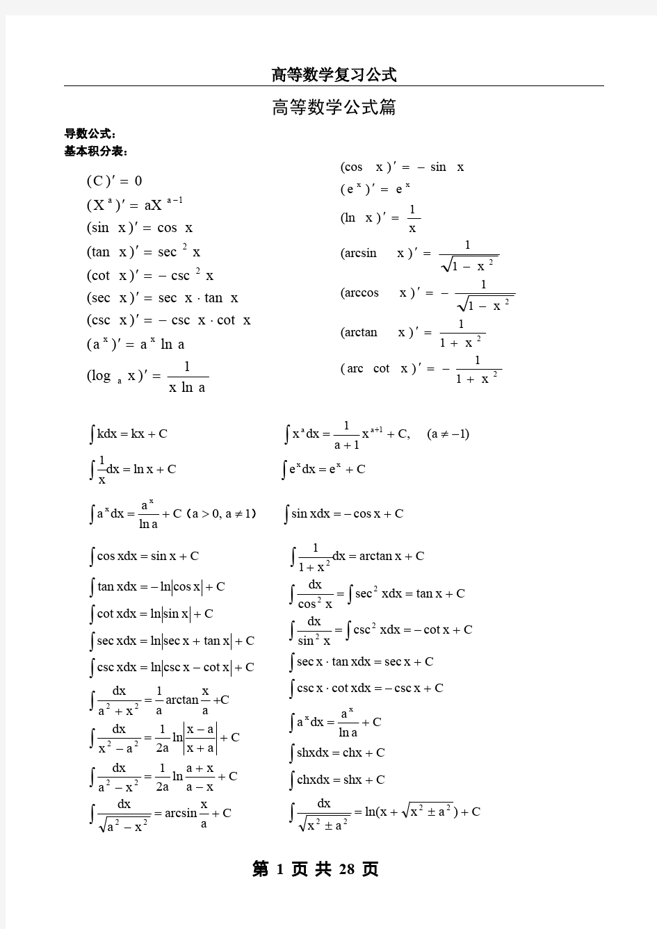 考研数学公式大全