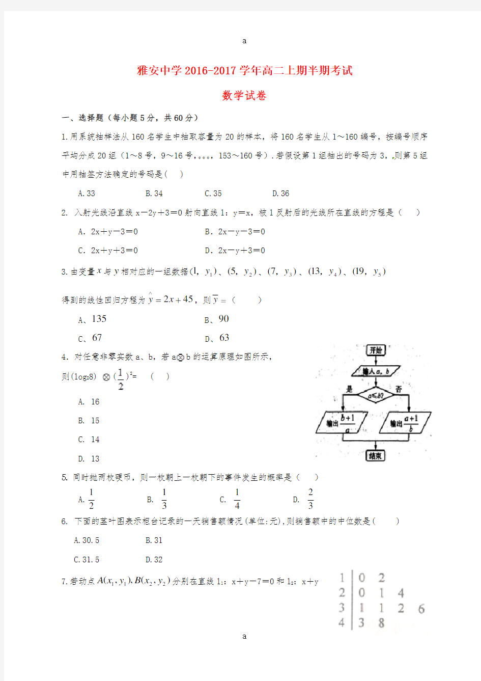 高二数学上学期半期考试试题 (2)