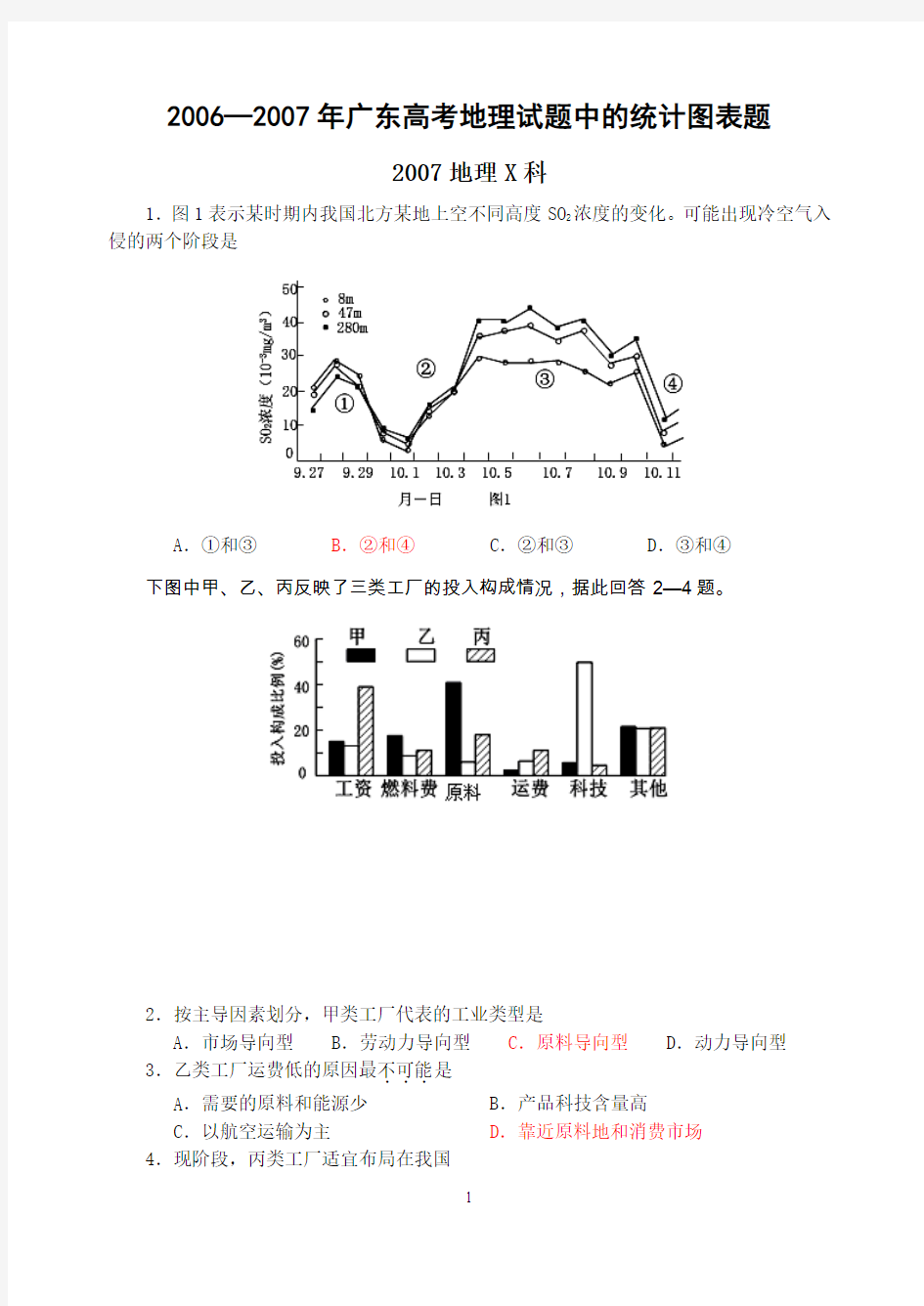 20062007年广东高考地理试题中的统计图表题