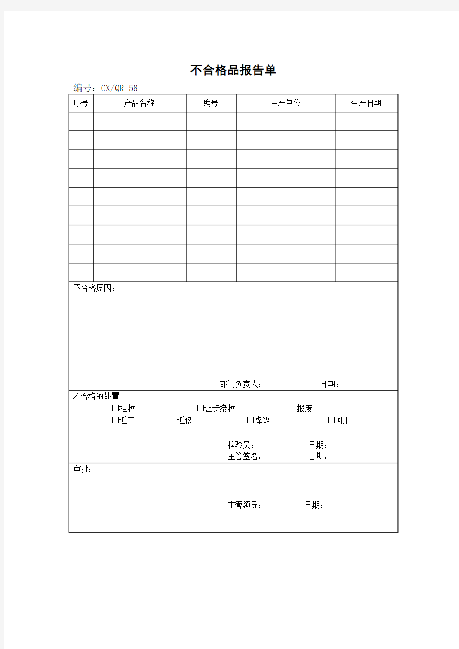 品质检验表格不合格品报告单