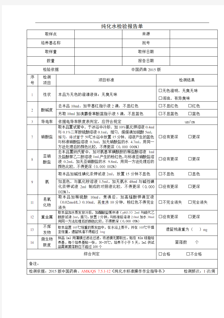 纯化水检验报告单