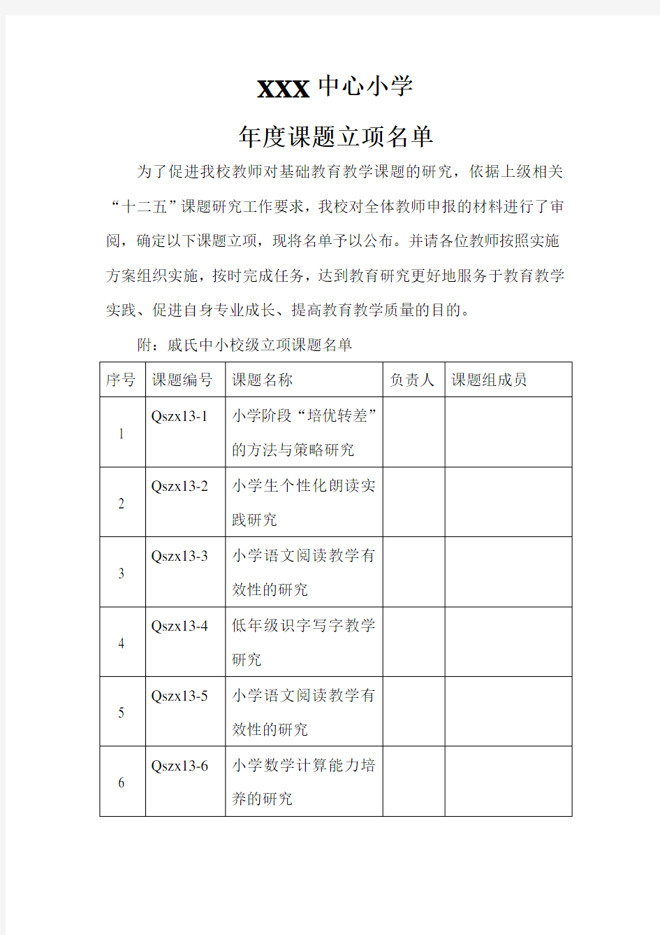 校级课题立项名单