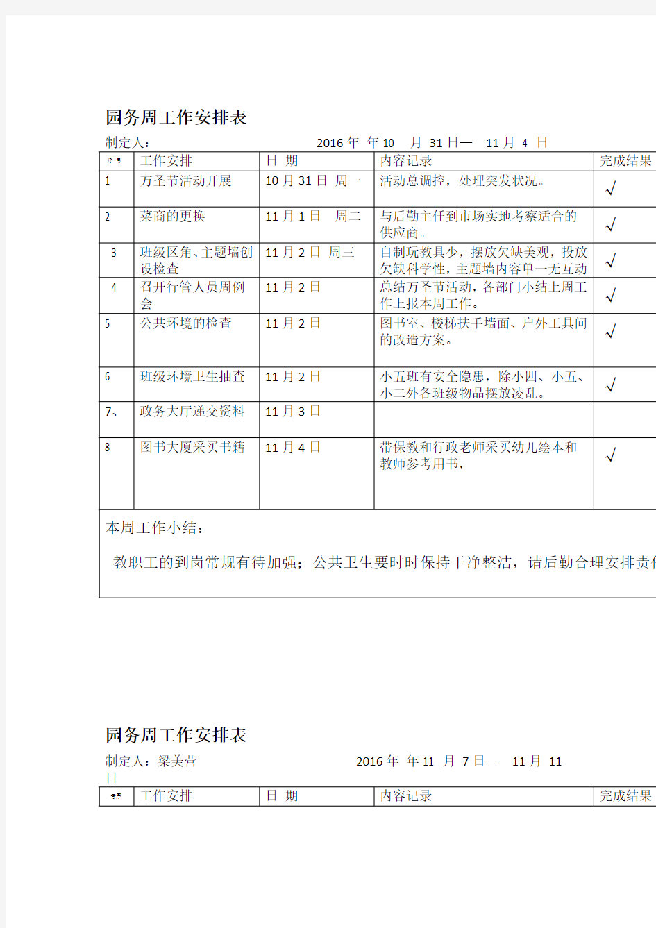 幼儿园--园务周工作安排表