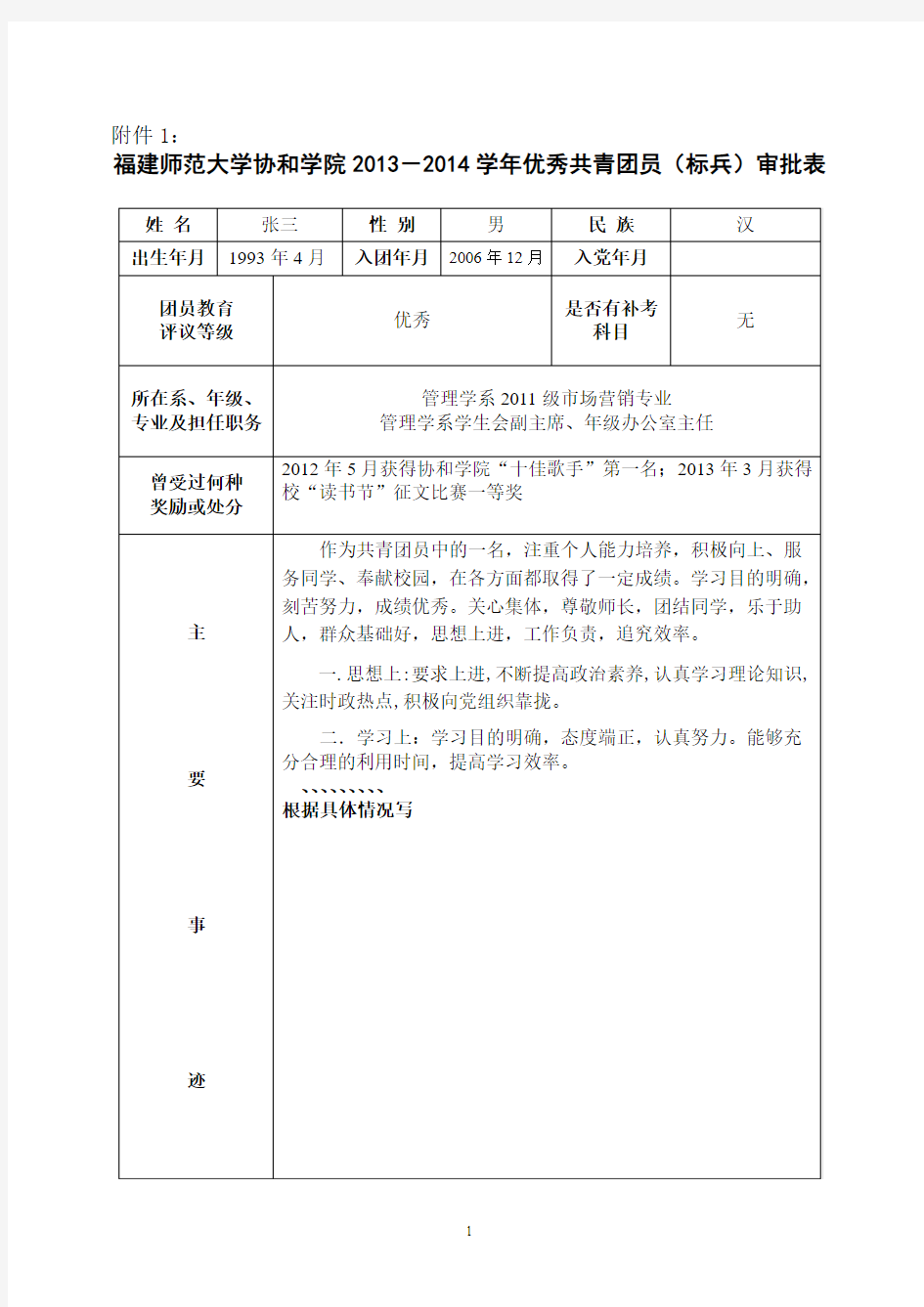 (示例)优秀共青团员审批表