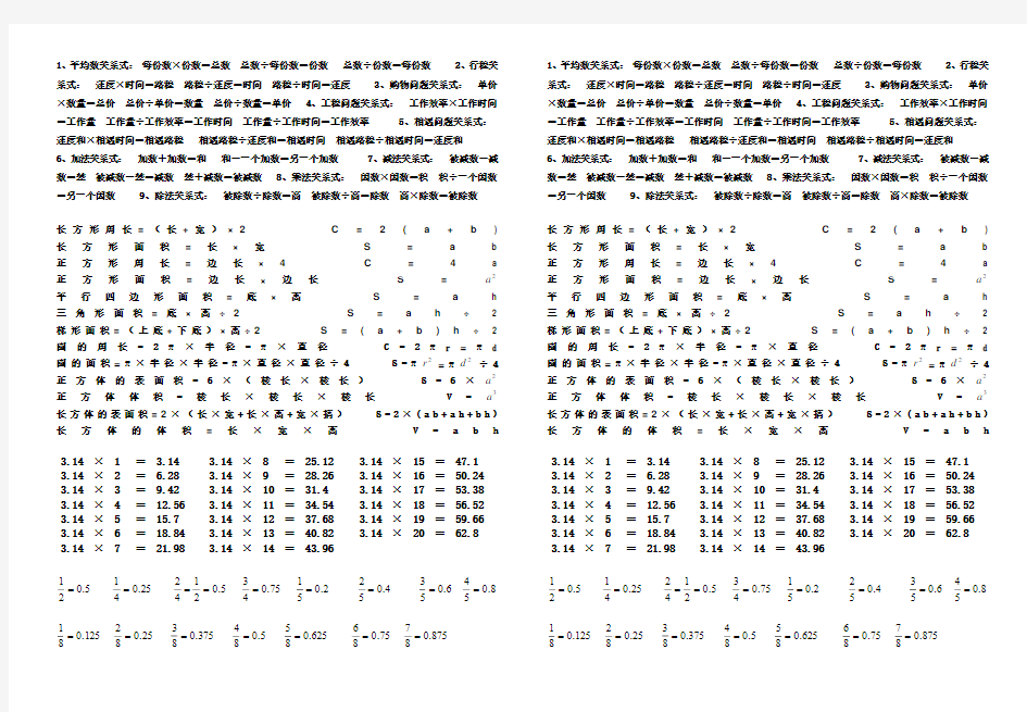小学常用的数量关系式