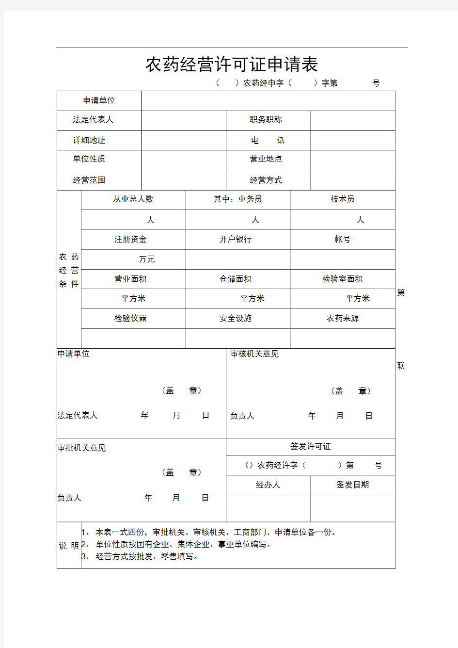 农药经营许可证申请表