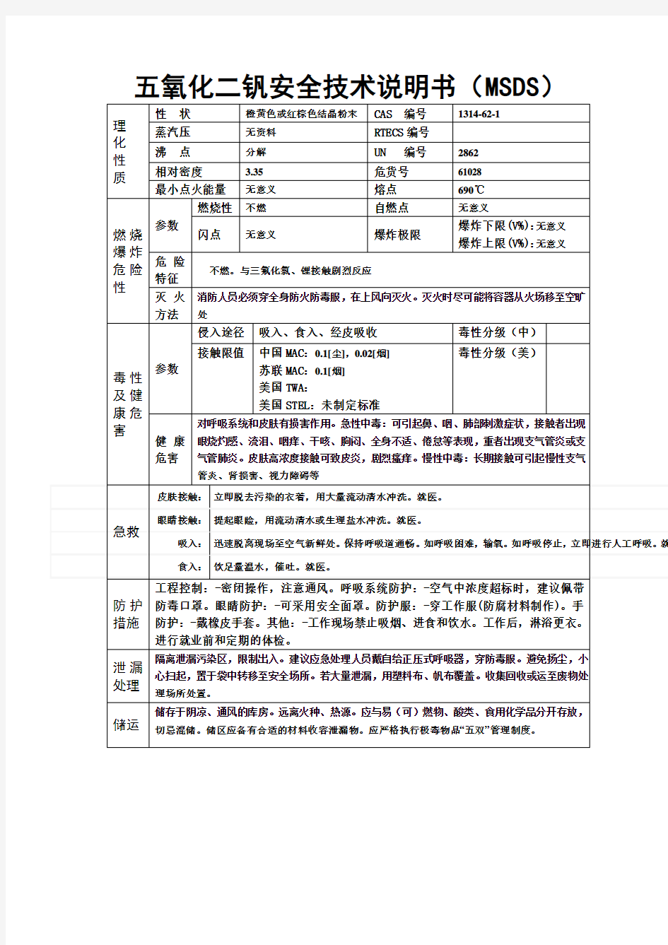 五氧化二钒安全技术说明书(MSDS)