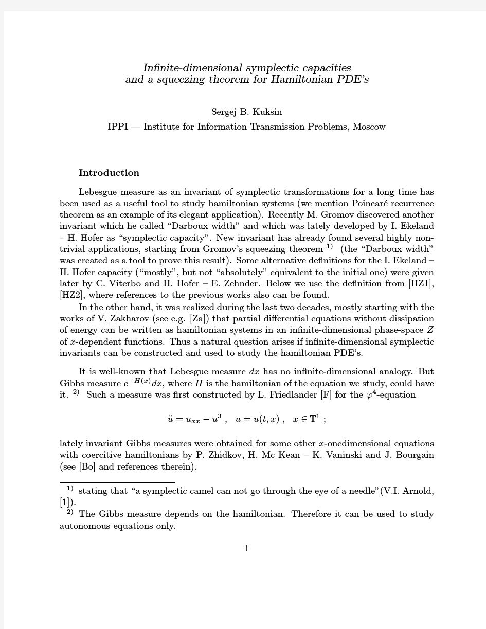 In symplectic capacities and a squeezing theorem for Hamiltonian PDEs