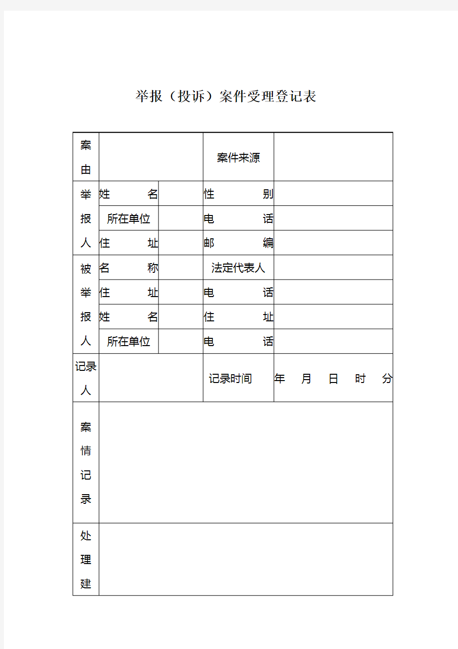 举报(投诉)案件受理登记表