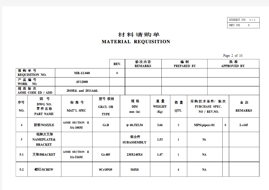 ASME材料请购单