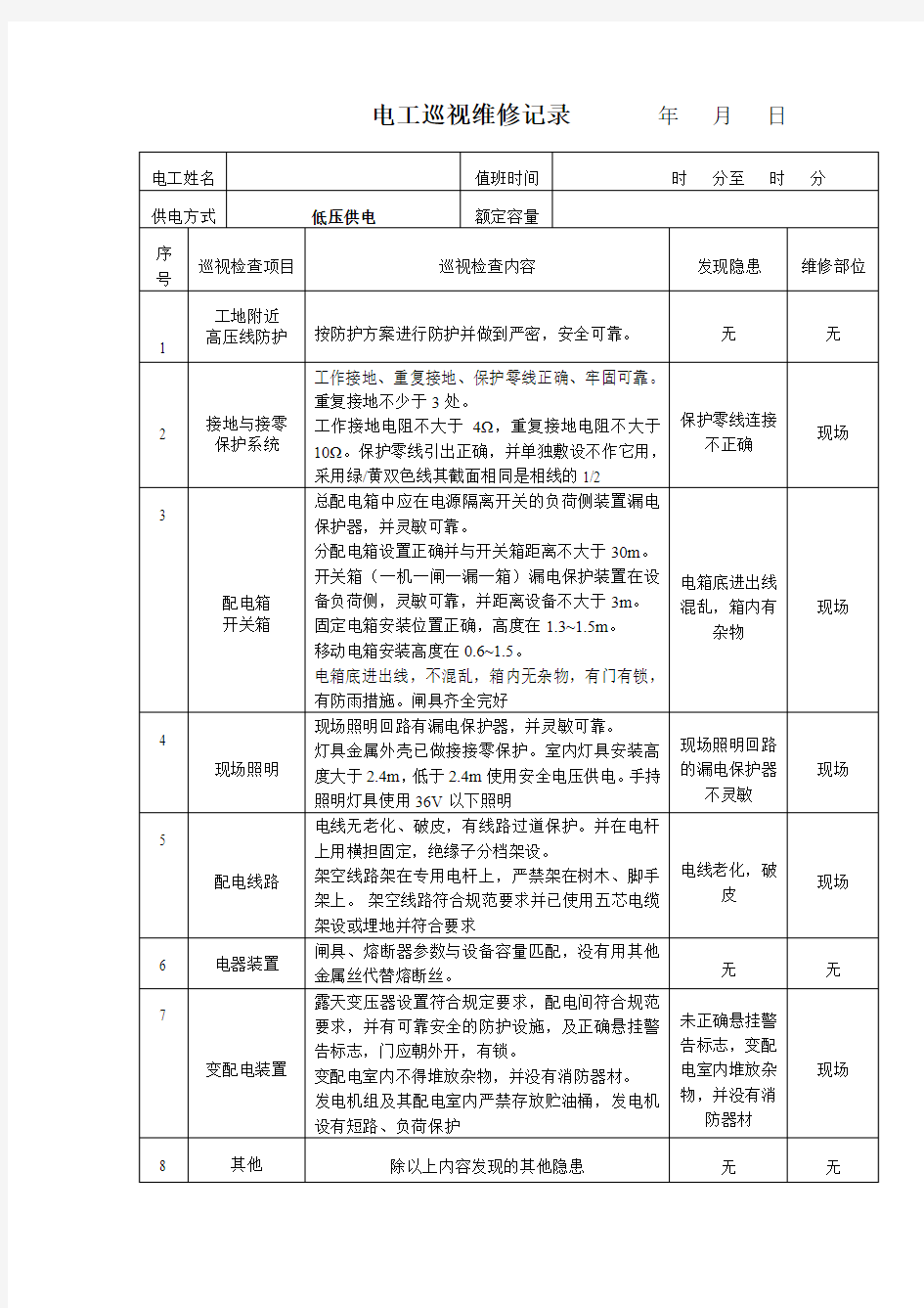 电工巡视维修记录(含内容)