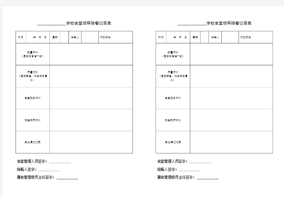 学校食堂领导陪餐记录表