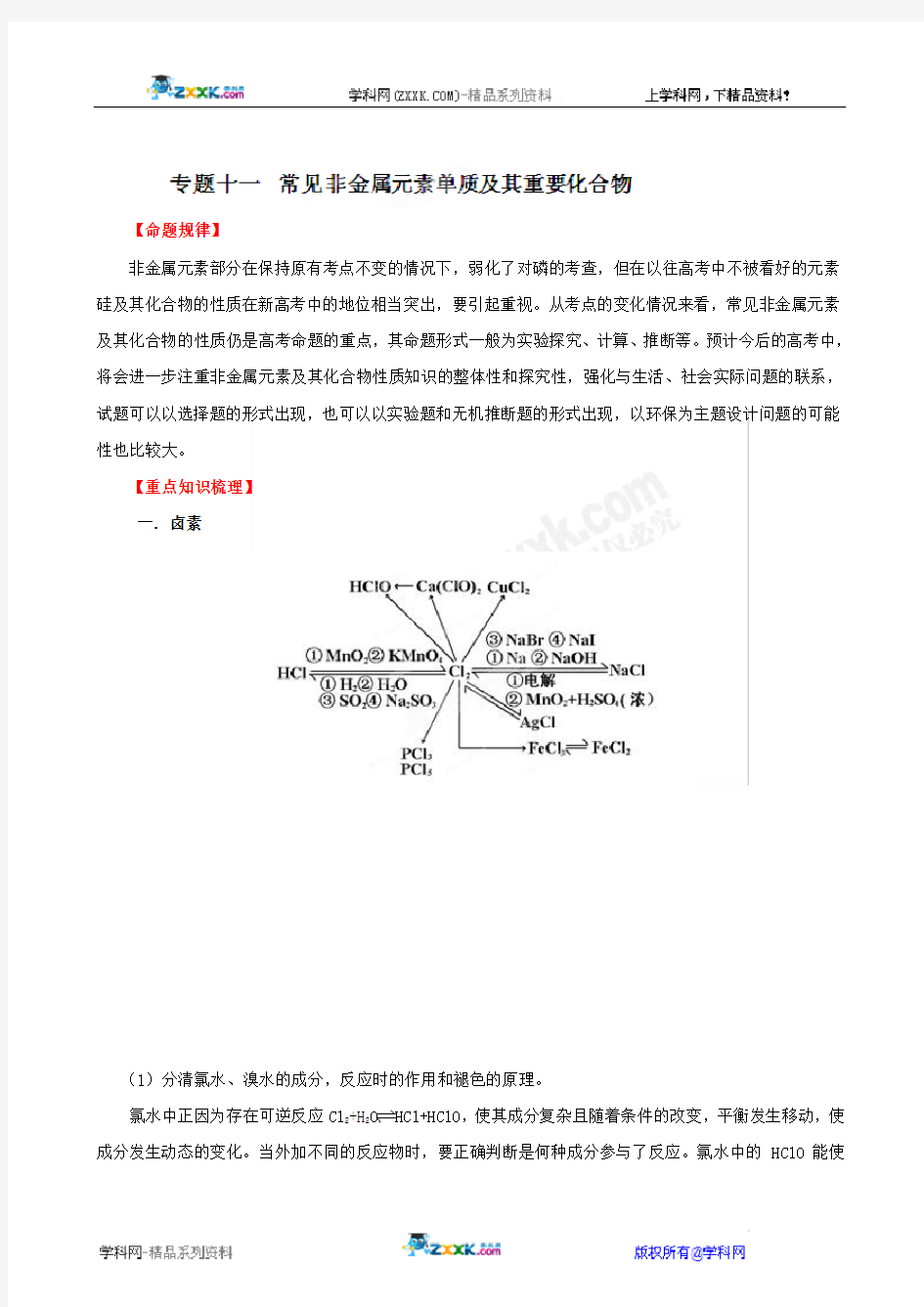 专题十一 常见非金属元素单质及其重要化合物(教师版)