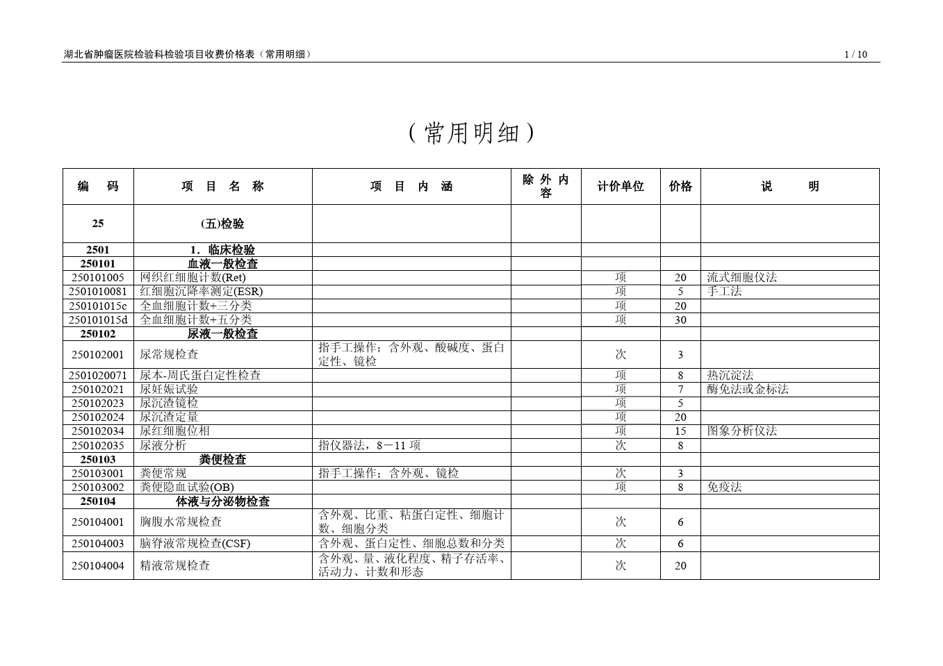 湖北省肿瘤医院检验科检验项目收费价格表