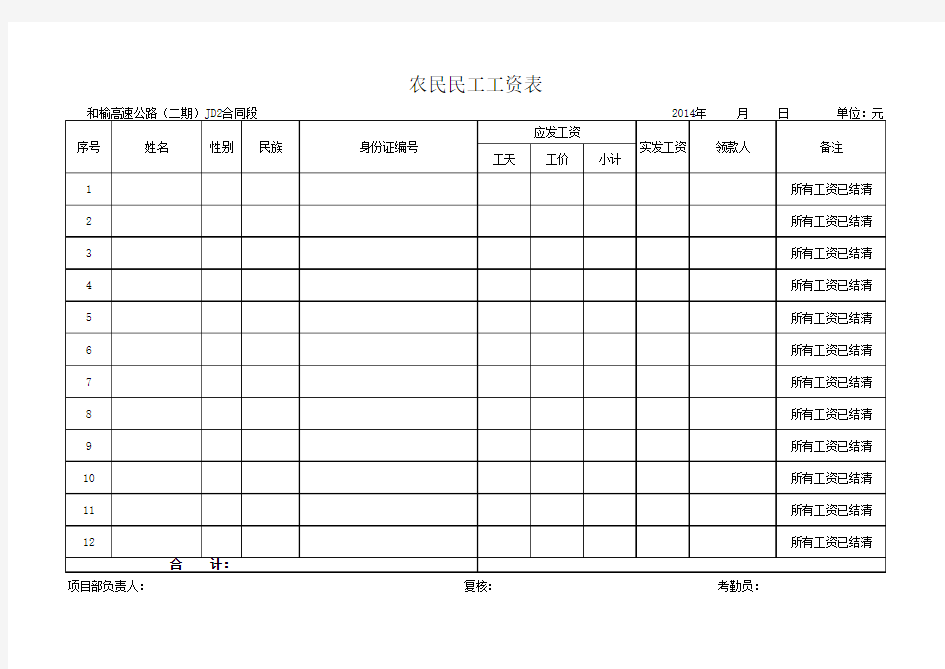 工人每日考勤签到表