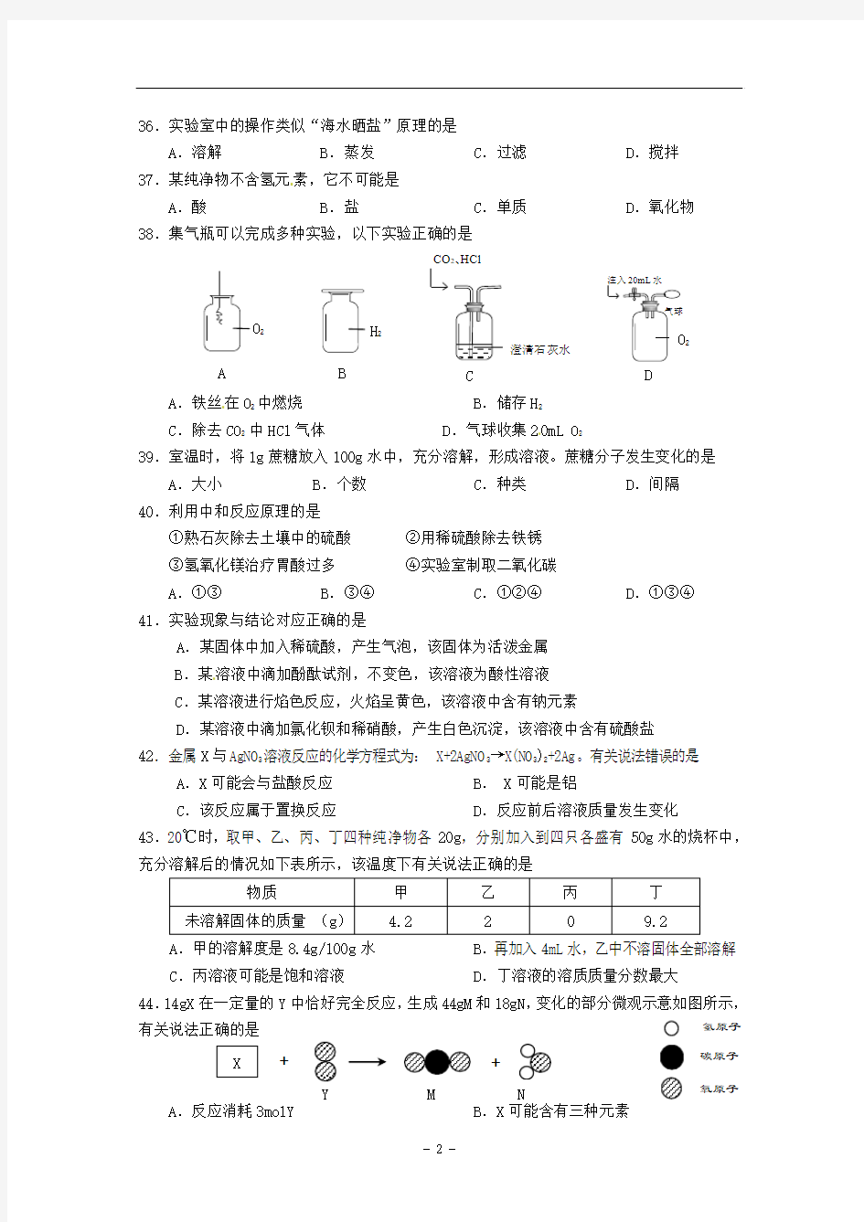 上海市黄浦区2015届九年级化学学业模拟(二模)考试试题