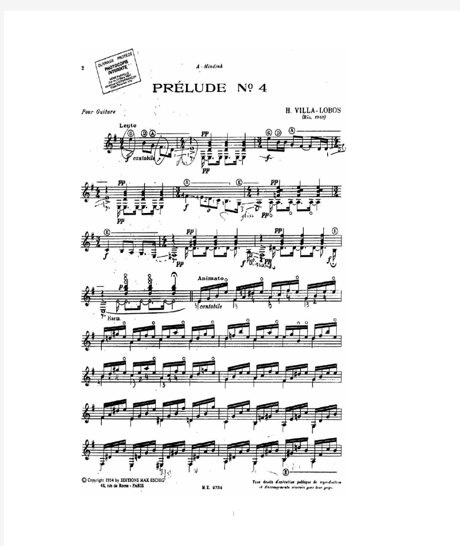前奏曲第四号,Prelude No. 4;维拉·罗伯斯,Villa-Lobos(古典吉他曲谱)