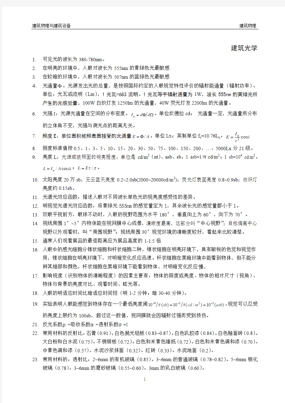 建筑物理总结 光学部分