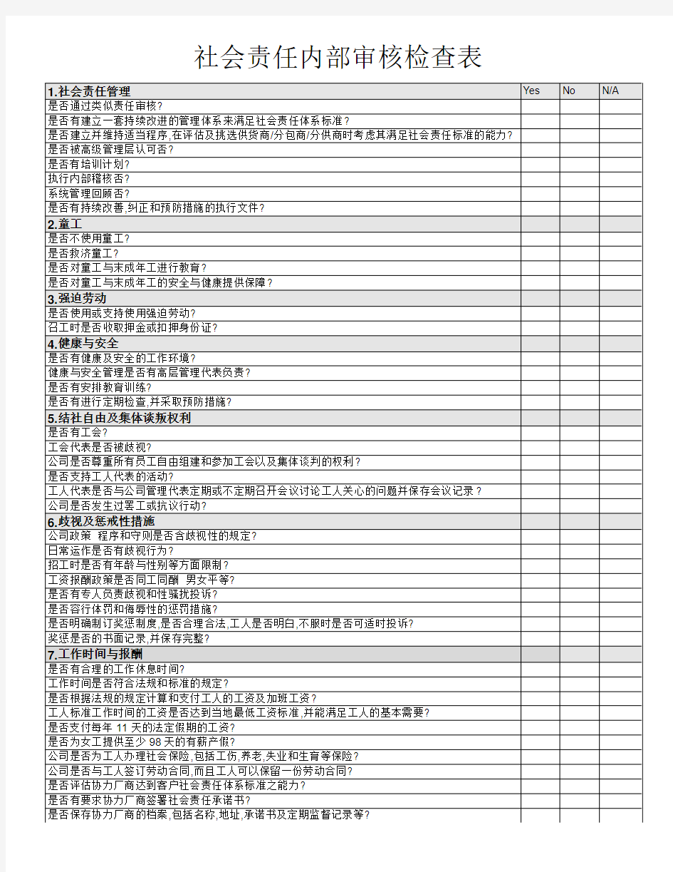 社会责任内部审核检查表