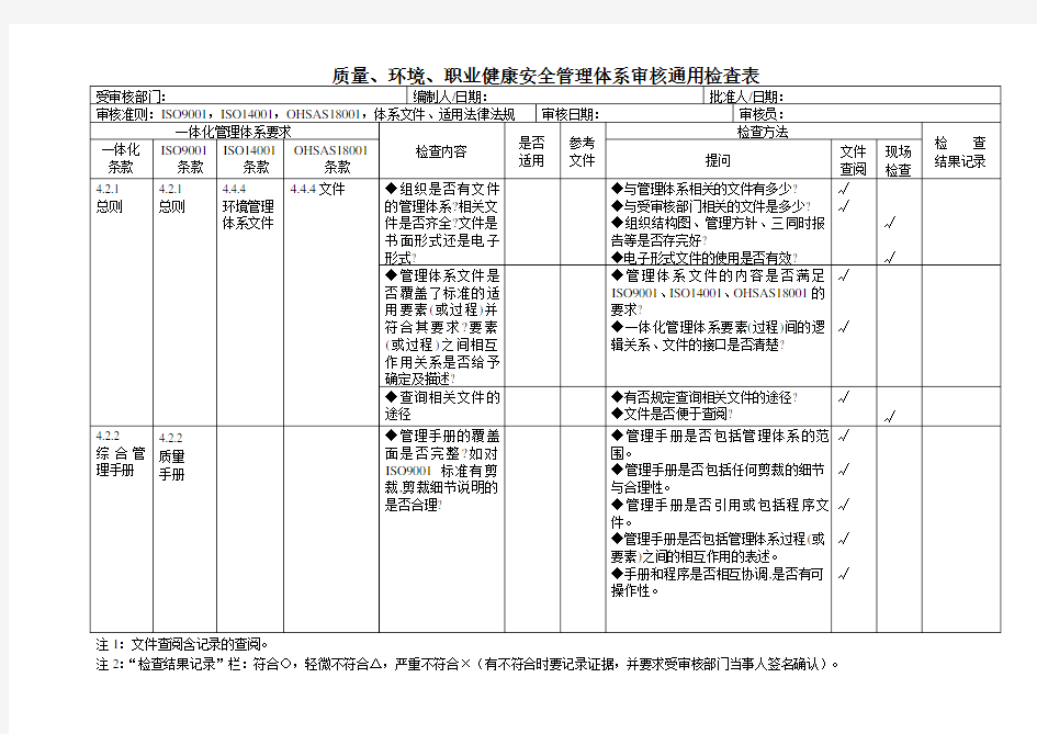 三合一管理体系内审检查表