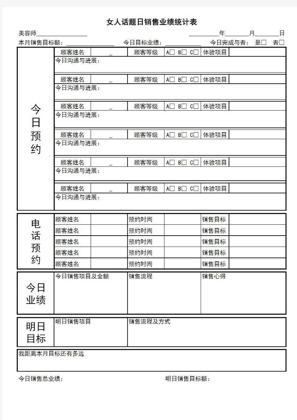 美容院日销售业绩统计表