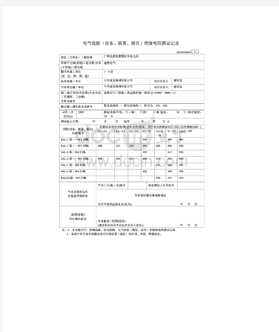 电气线路(设备,装置,器具)绝缘电阻测试记录