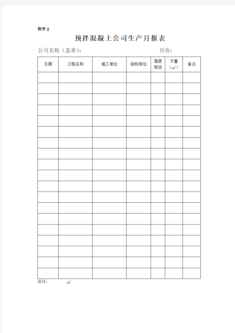 预拌混凝土公司生产月报表