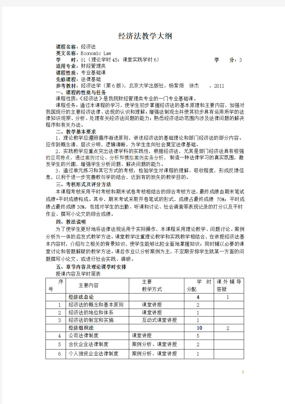 《经济法》教学大纲