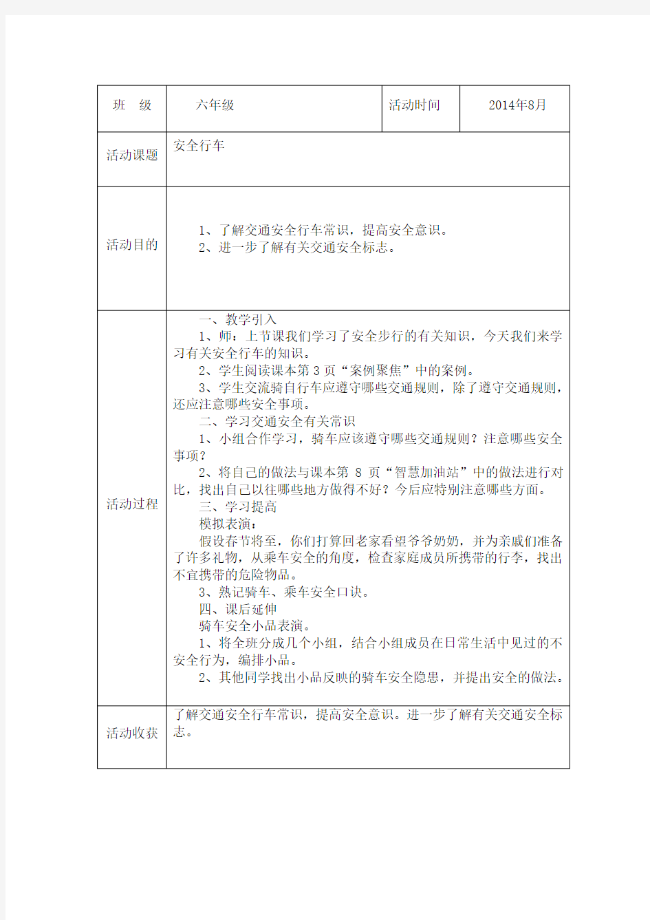 2015年2月六年级综合实践活动记录表