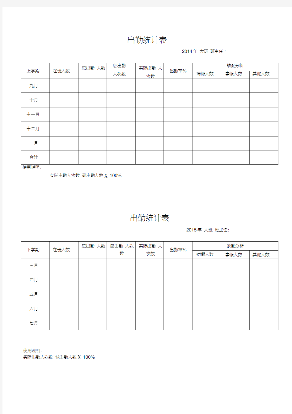 幼儿园出勤统计表