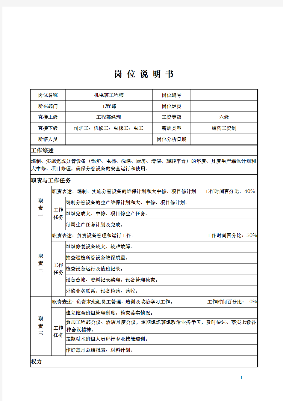 工程部机电工程师岗位职责说明书