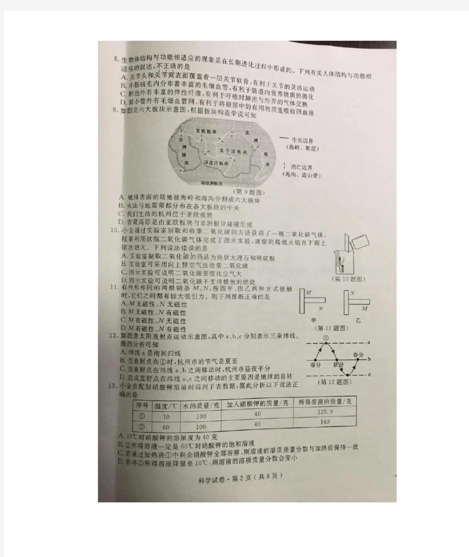 2020杭州科学中考卷及答案