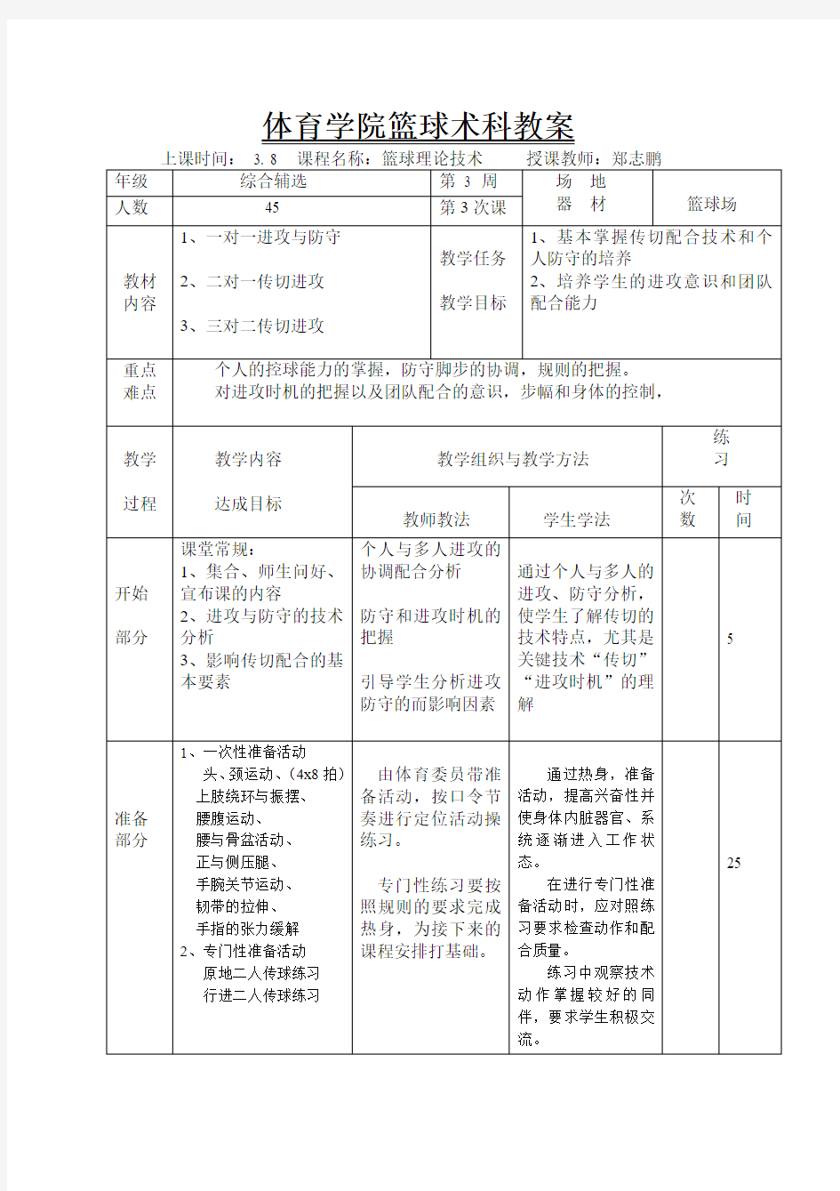 体育学院篮球术科教案