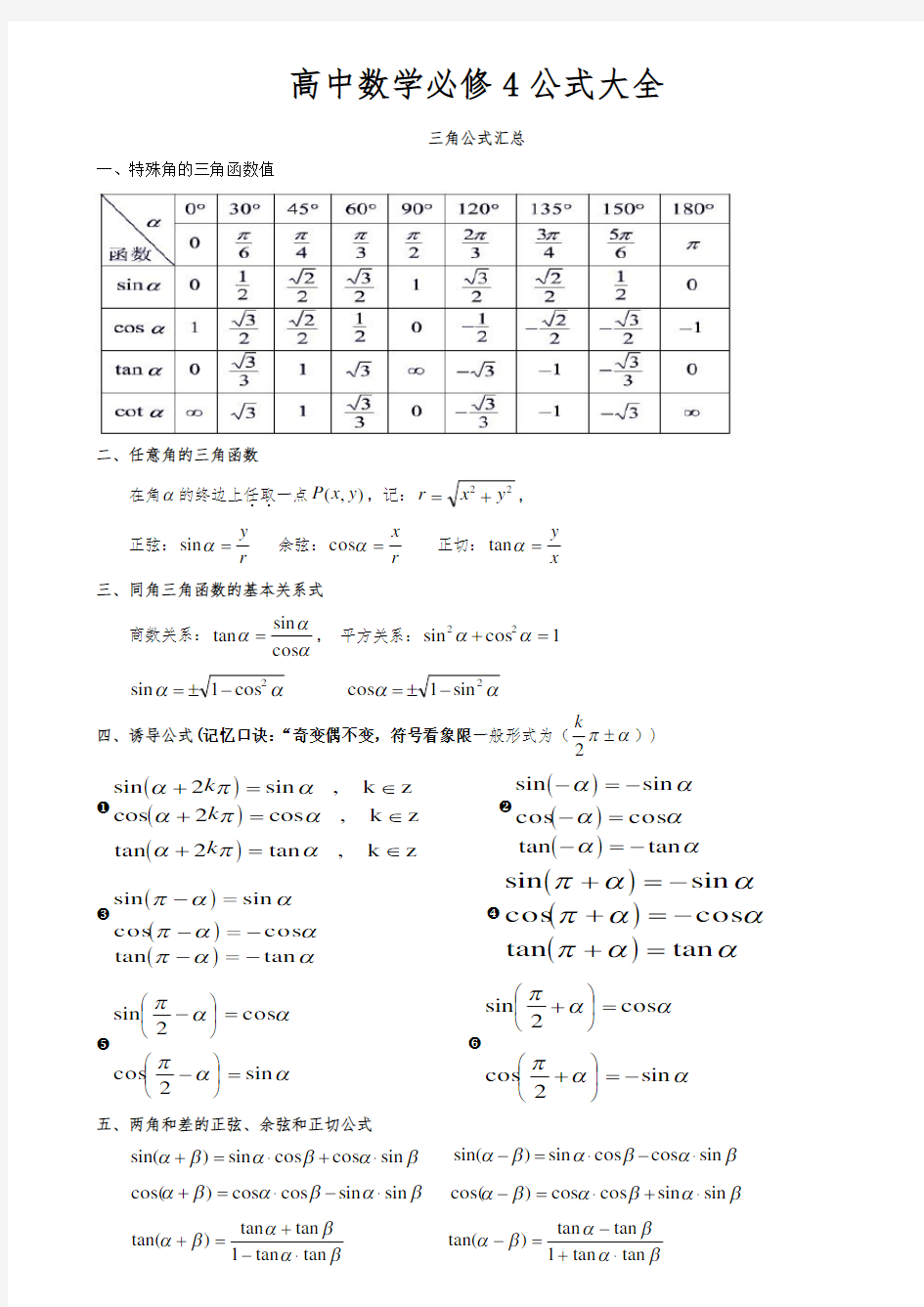 高中数学必修4——三角与向量公式大全