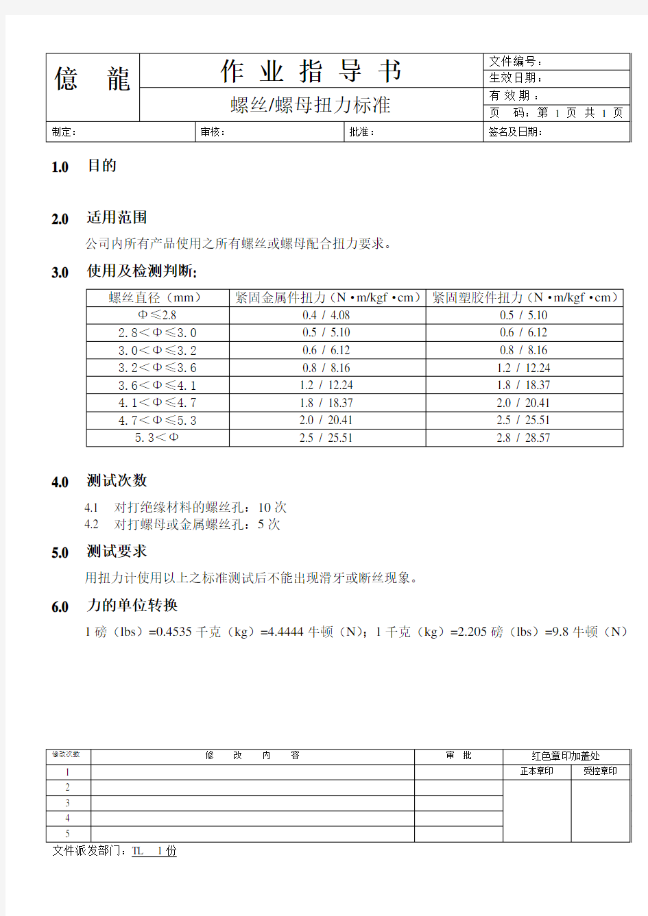 螺丝扭力标准