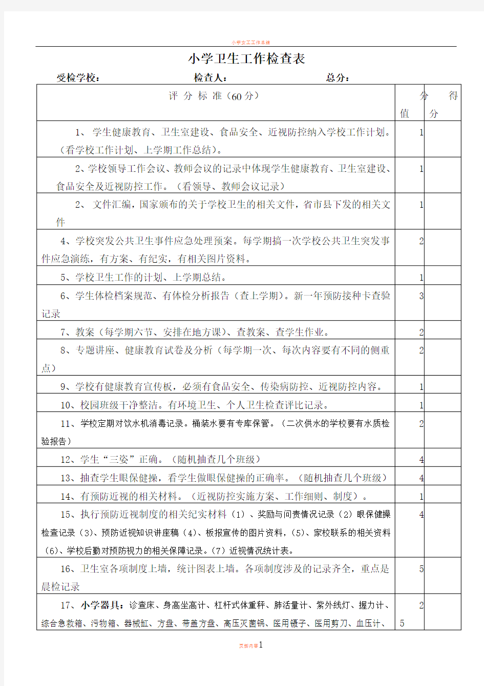 小学学学校卫生工作检查表3