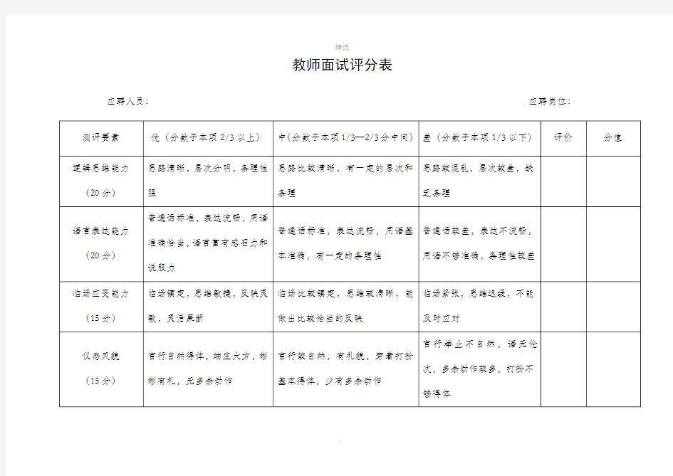 教师面试招聘评分表