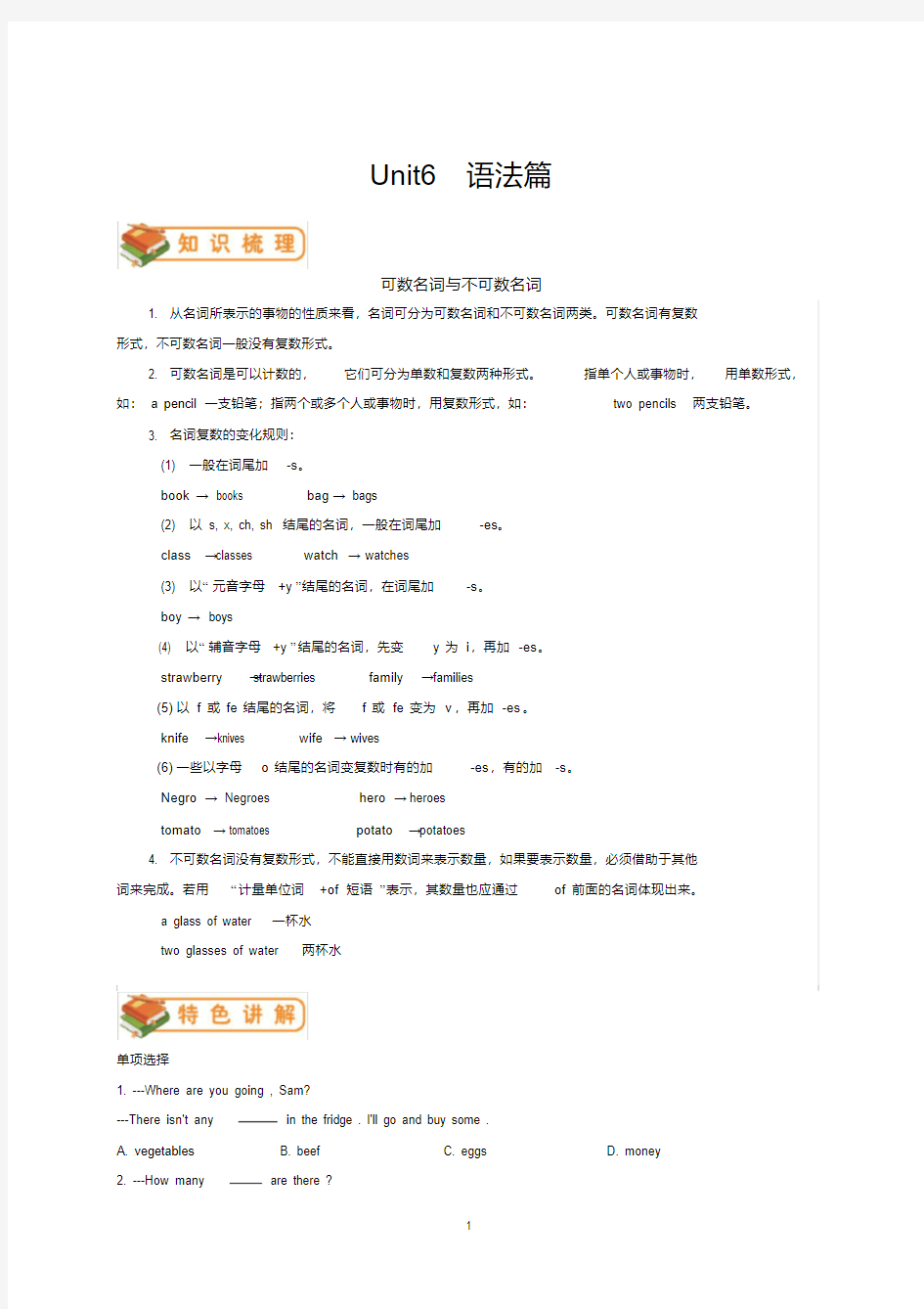 人教版初一上册英语第六单元unit6语法篇