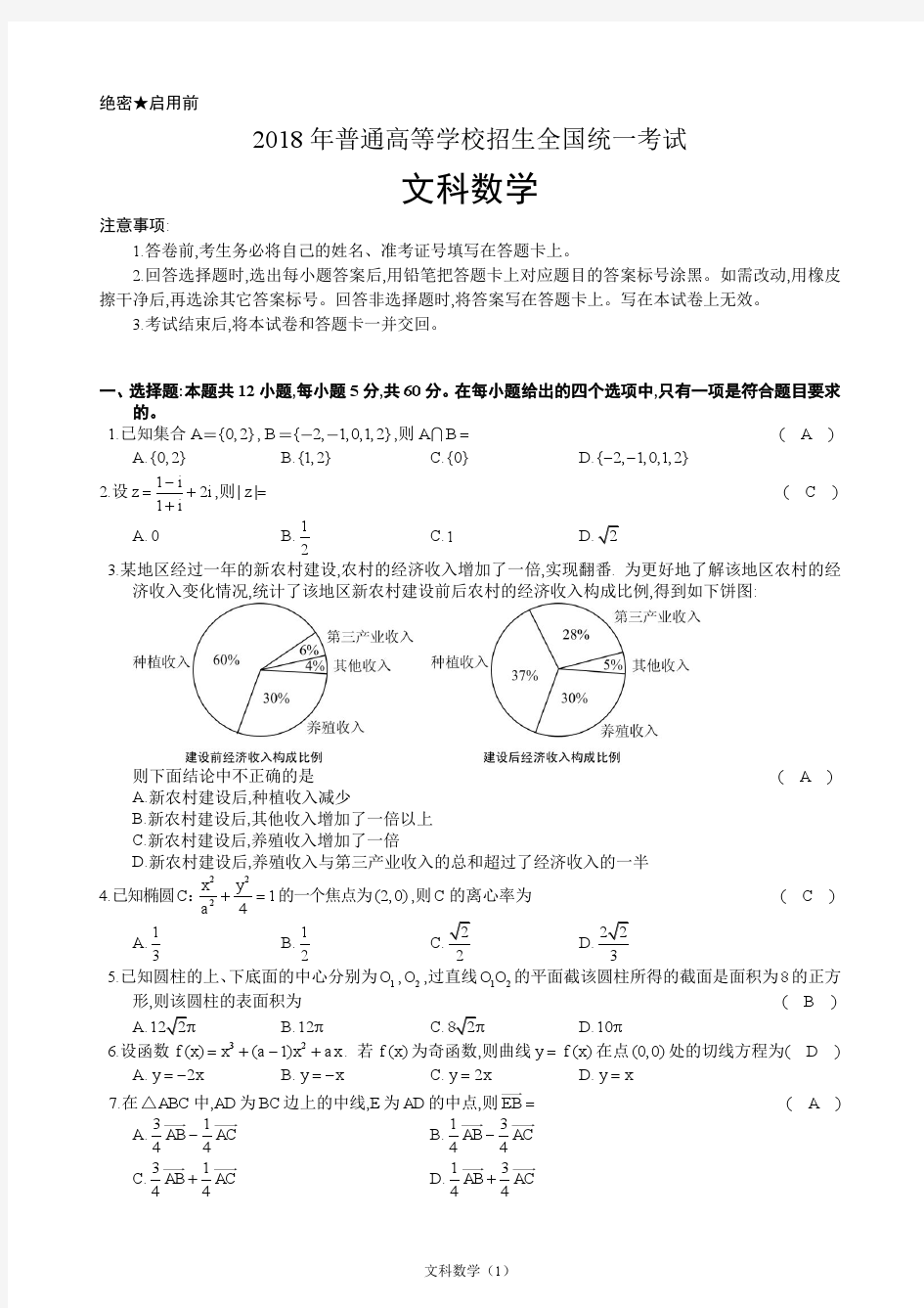 2018年高考文科数学(全国I卷)试题解析