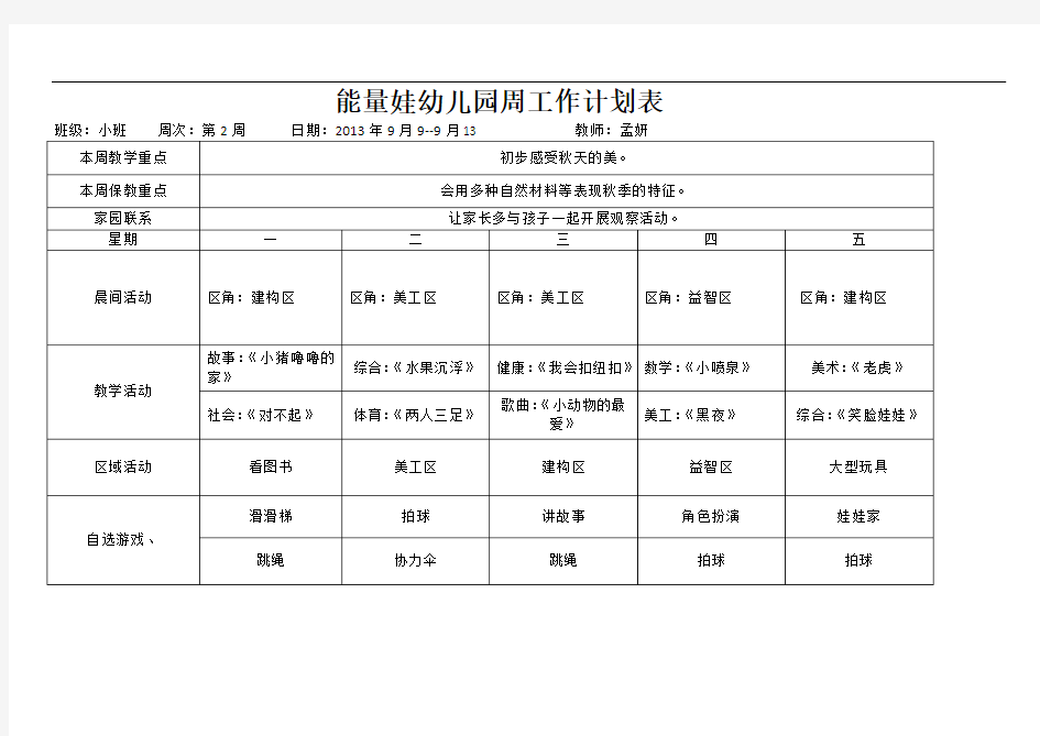 小班周计划表讲解