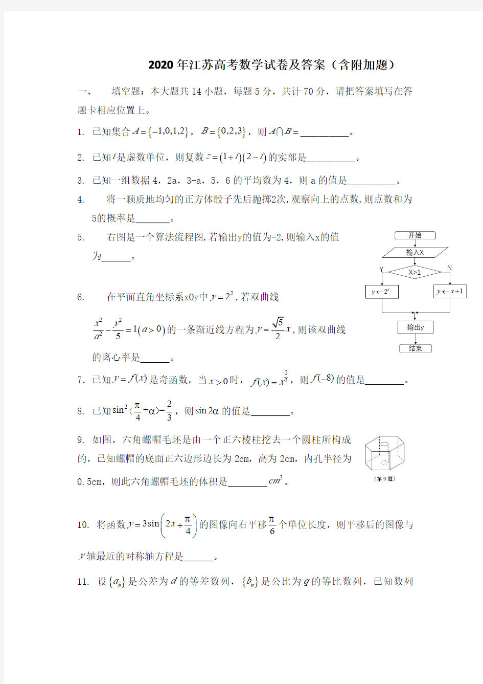 2020年江苏高考数学试卷及答案(含附加题)